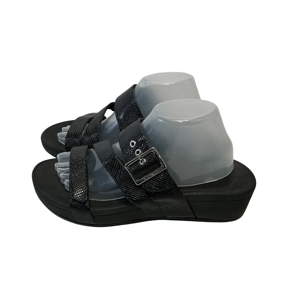 Vionic‎ Sandals Womens Size 11 Black Rio Lizard Skin Slide Buckle Casual Wedge